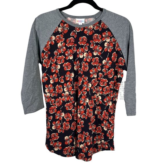 LuLaRoe RANDY Black Gray Floral Pansy Petunia Flowers Raglan Tee Shirt SMALL S - Picture 1 of 7
